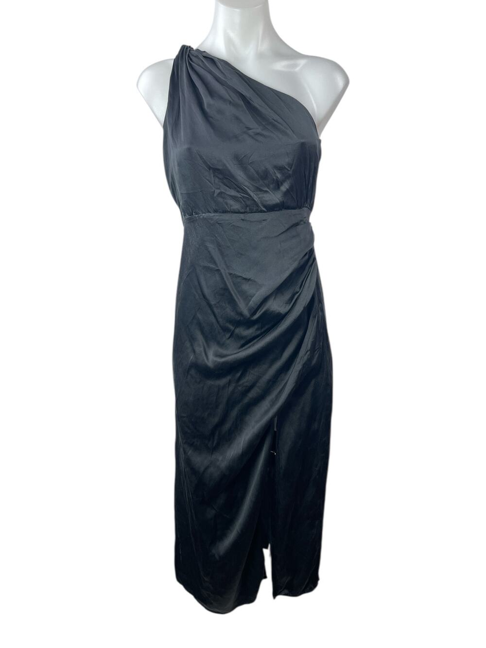 Anthropologie Black Silk Satin One Shoulder Slit Ruched Midi Sheath Dress Size 2